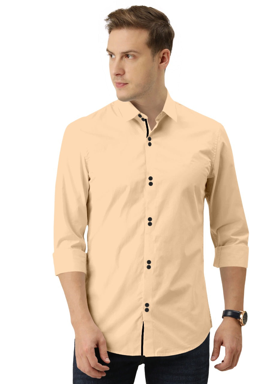 Men's Solid Slim Fit Cotton Double Button Beige Shirt