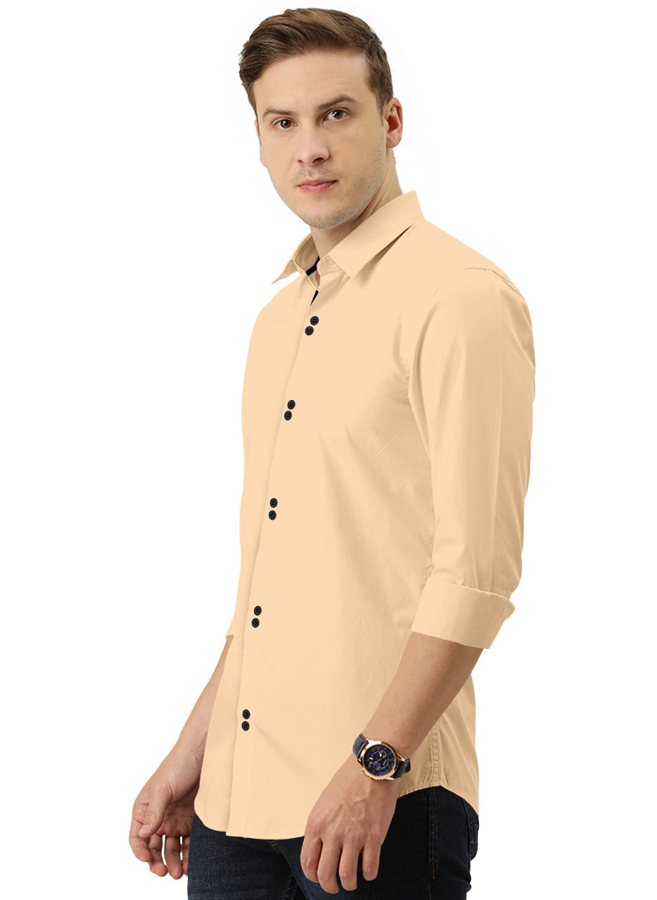 Men's Solid Slim Fit Cotton Double Button Beige Shirt