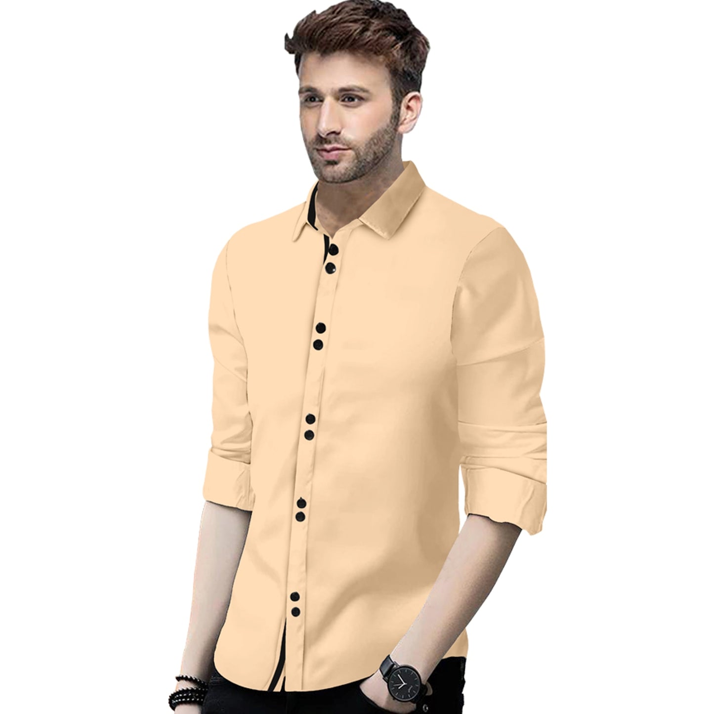 Men's Solid Slim Fit Cotton Double Button Beige Shirt