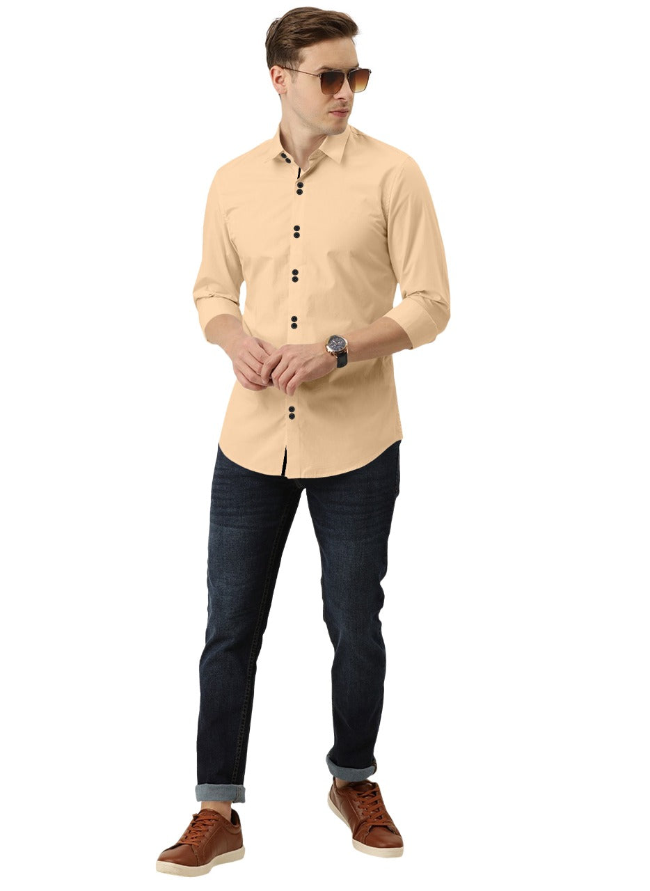 Men's Solid Slim Fit Cotton Double Button Beige Shirt