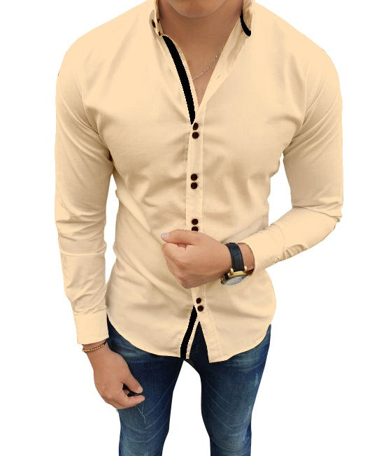 Men's Solid Slim Fit Cotton Double Button Beige Shirt