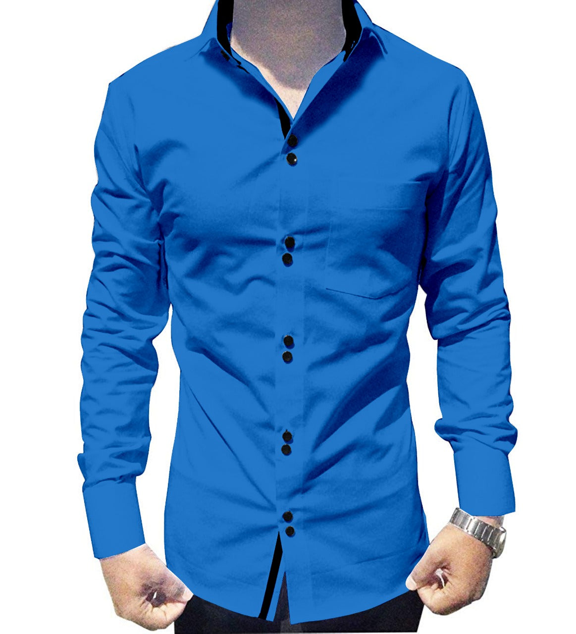 Men's Solid Slim Fit Cotton Double Button Dark Blue Shirt