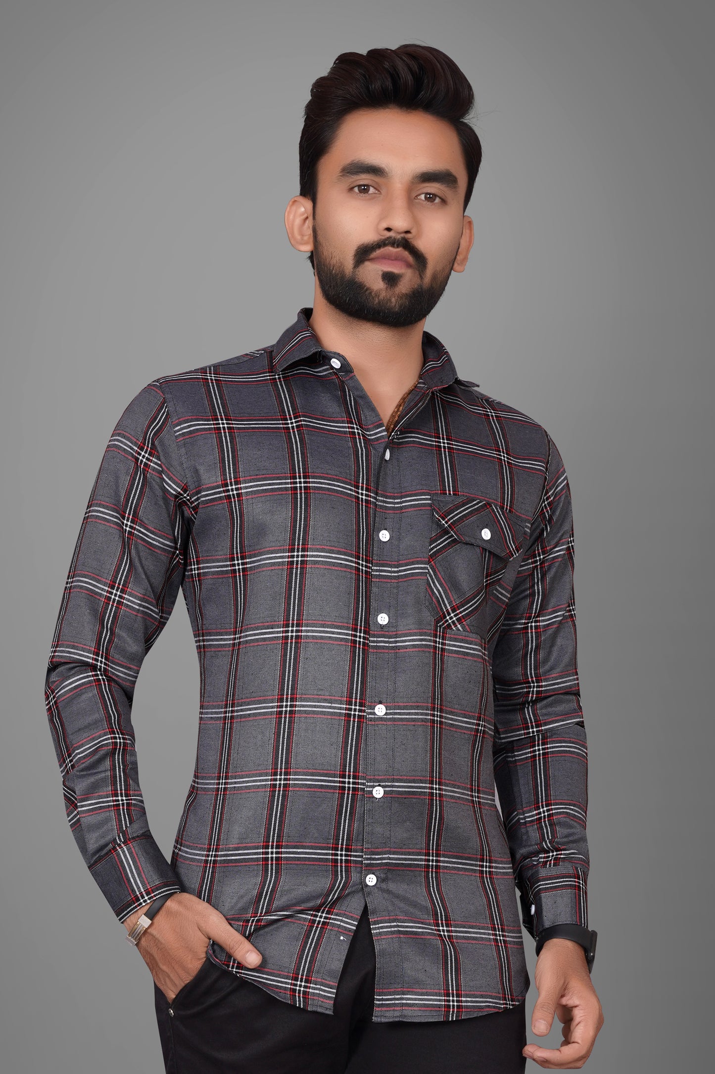 SUR-T Men Regular Fit Checkered Spread Collar Casual Dark Gray Shirt