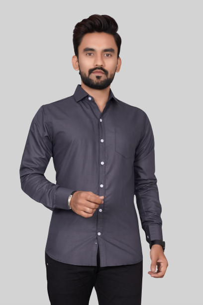 Men's Regular Fit Solid Spread Collar Casual Dark Grey Shirt