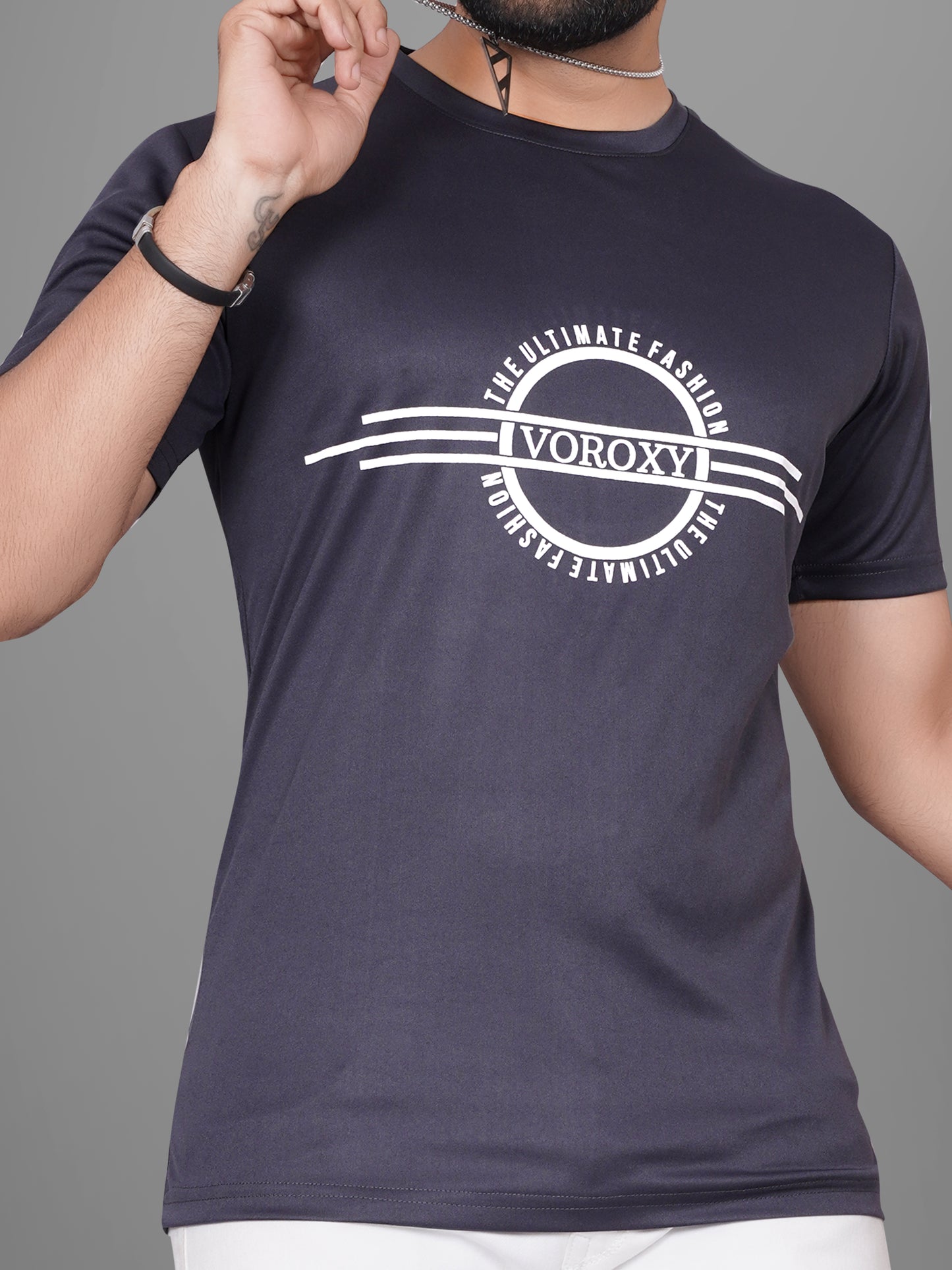 SUR-T Men Printed, Typography Round Neck Polyester Dark Grey T-Shirt