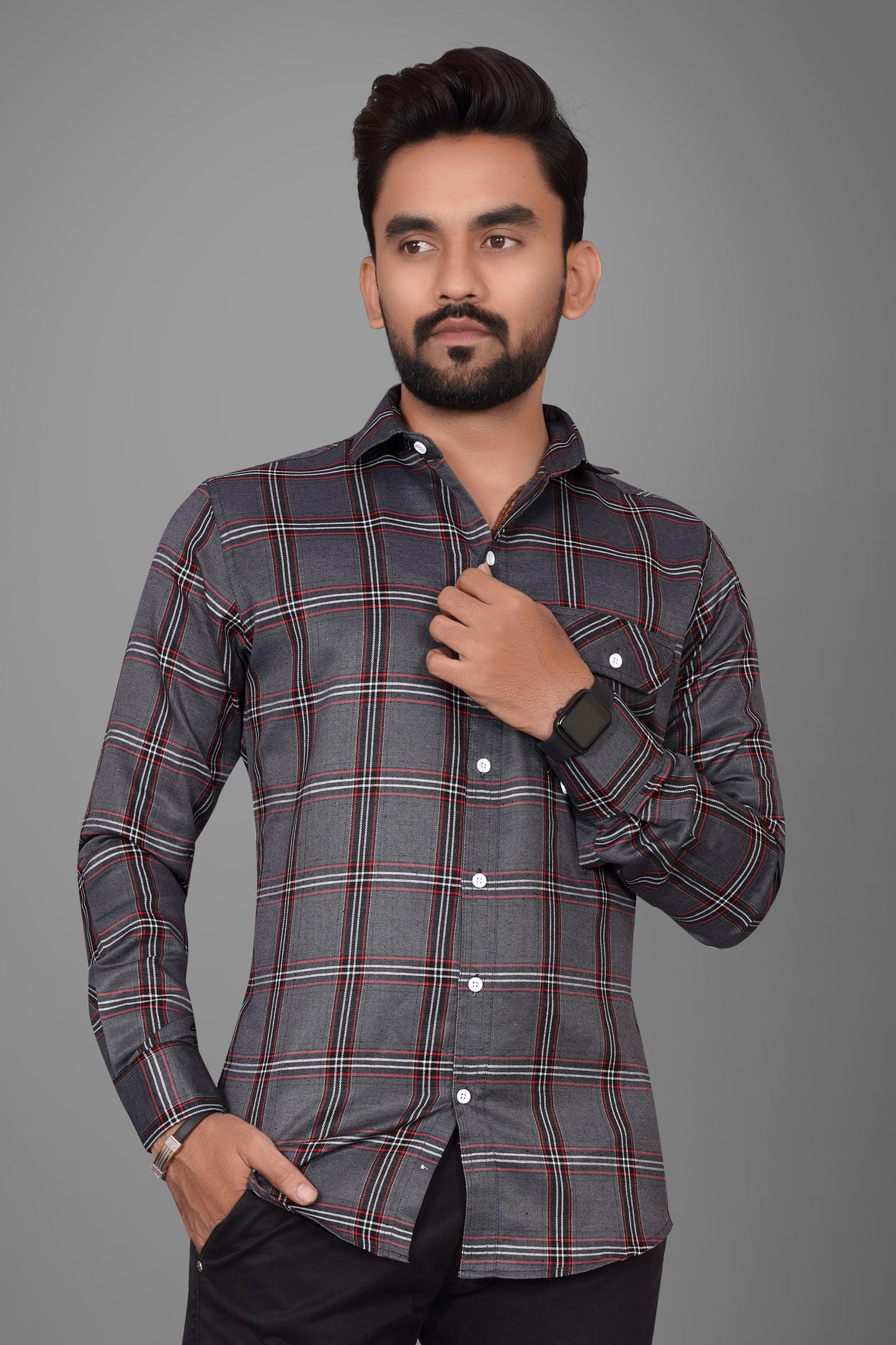 SUR-T Men Regular Fit Checkered Spread Collar Casual Dark Gray Shirt
