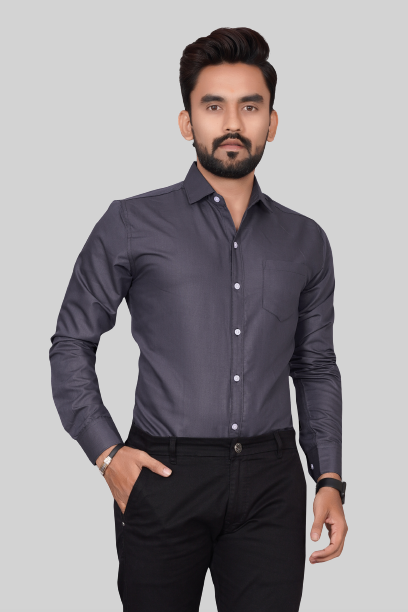 Men's Regular Fit Solid Spread Collar Casual Dark Grey Shirt