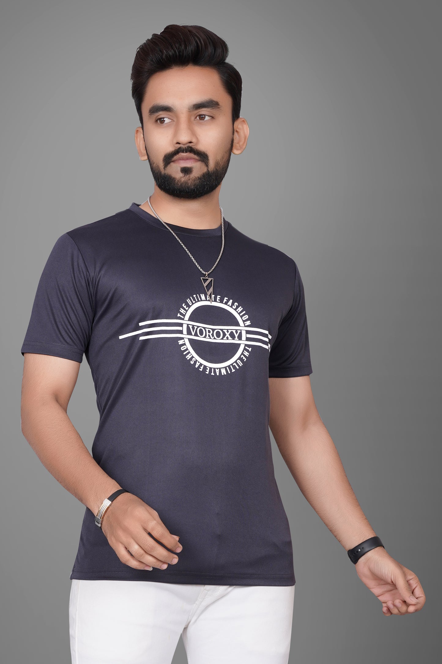 SUR-T Men Printed, Typography Round Neck Polyester Dark Grey T-Shirt