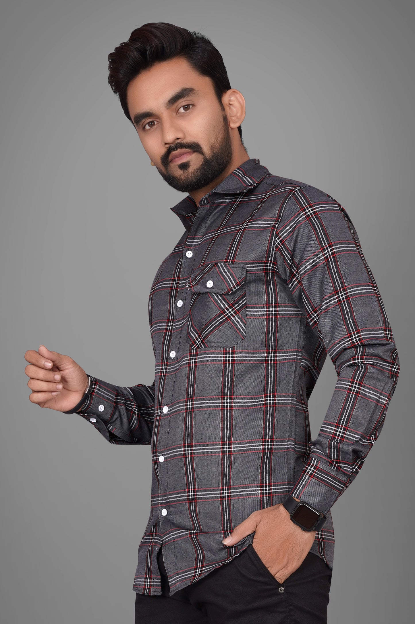 SUR-T Men Regular Fit Checkered Spread Collar Casual Dark Gray Shirt