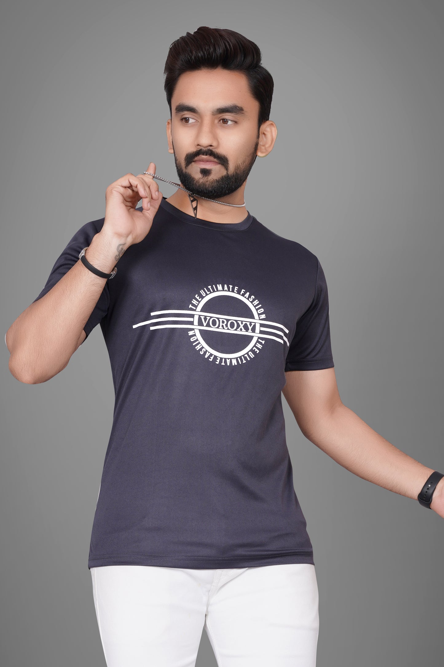 SUR-T Men Printed, Typography Round Neck Polyester Dark Grey T-Shirt