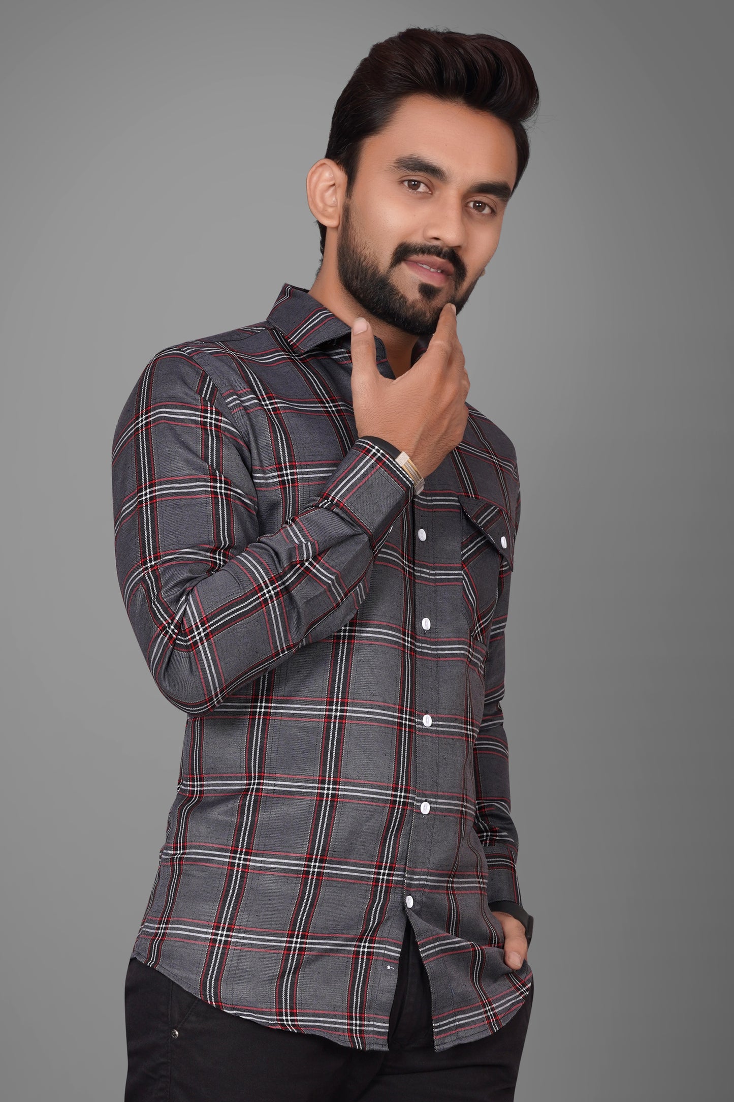 SUR-T Men Regular Fit Checkered Spread Collar Casual Dark Gray Shirt