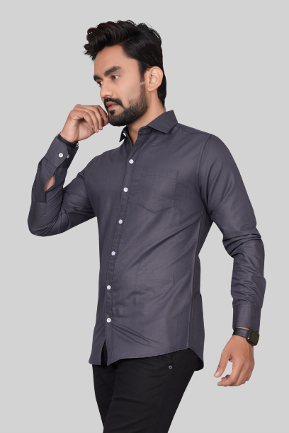 Men's Regular Fit Solid Spread Collar Casual Dark Grey Shirt