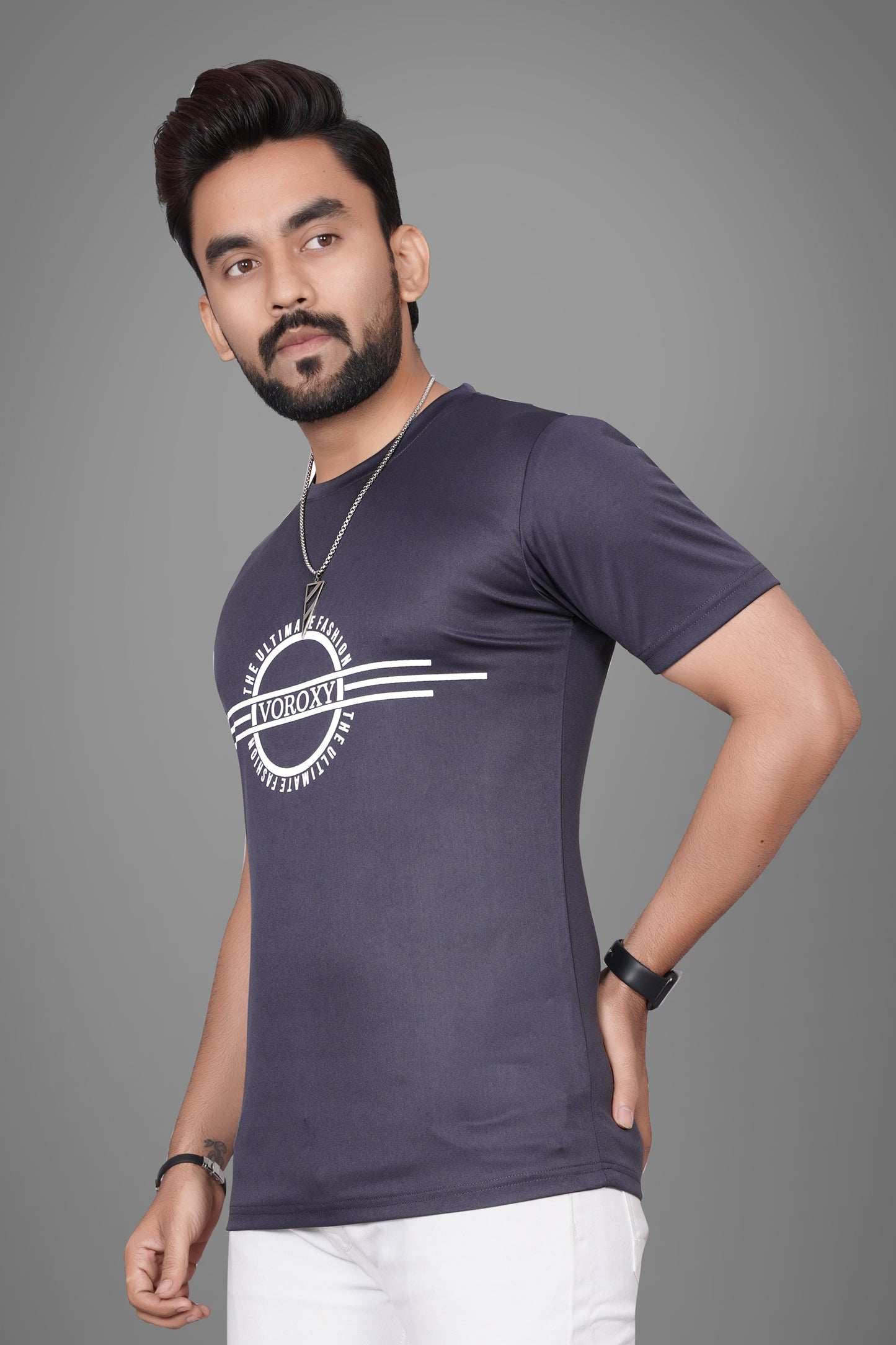 SUR-T Men Printed, Typography Round Neck Polyester Dark Grey T-Shirt