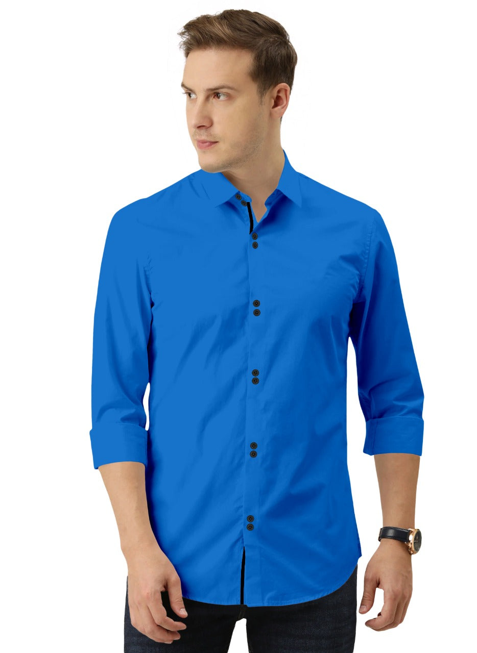 Men's Solid Slim Fit Cotton Double Button Dark Blue Shirt