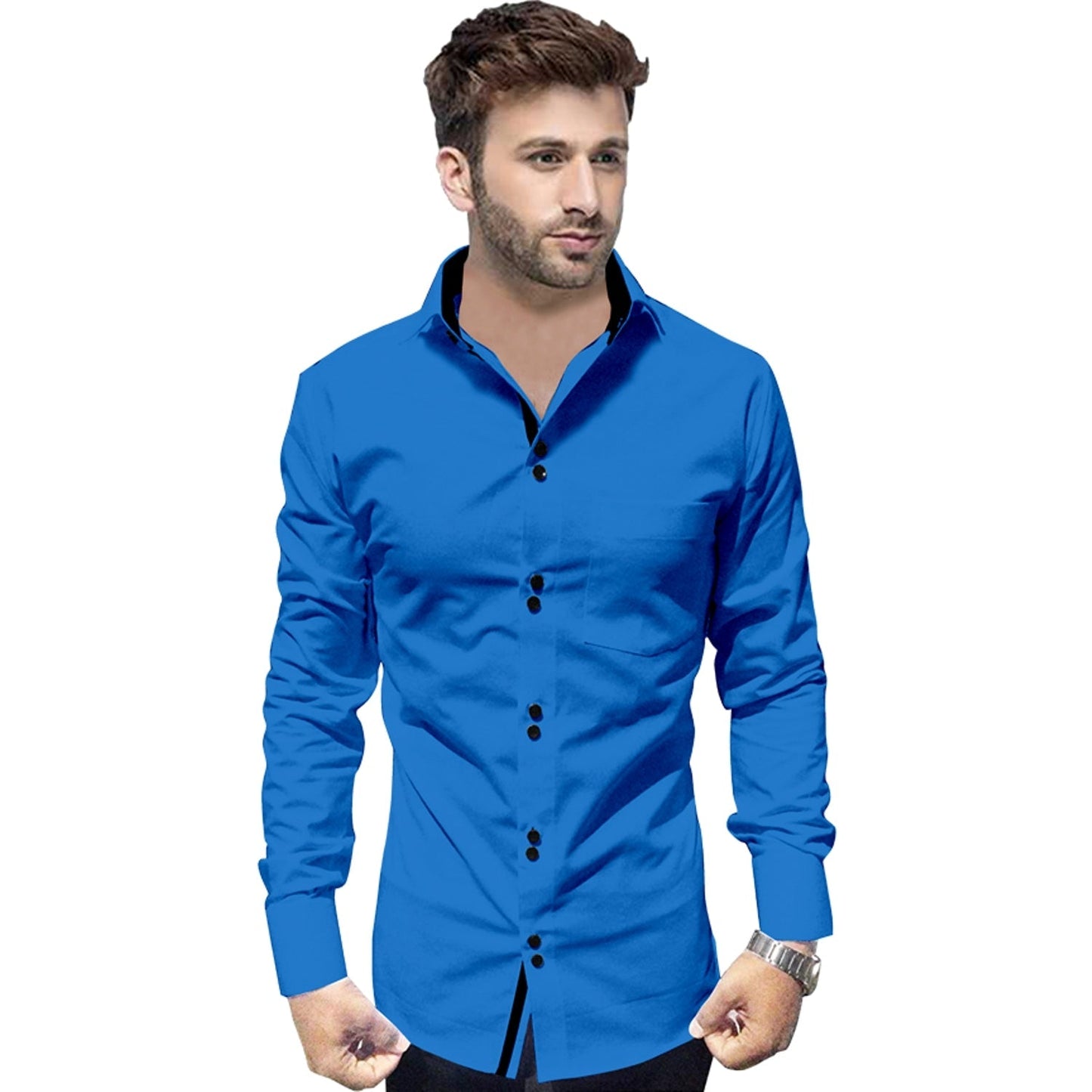 Men's Solid Slim Fit Cotton Double Button Dark Blue Shirt