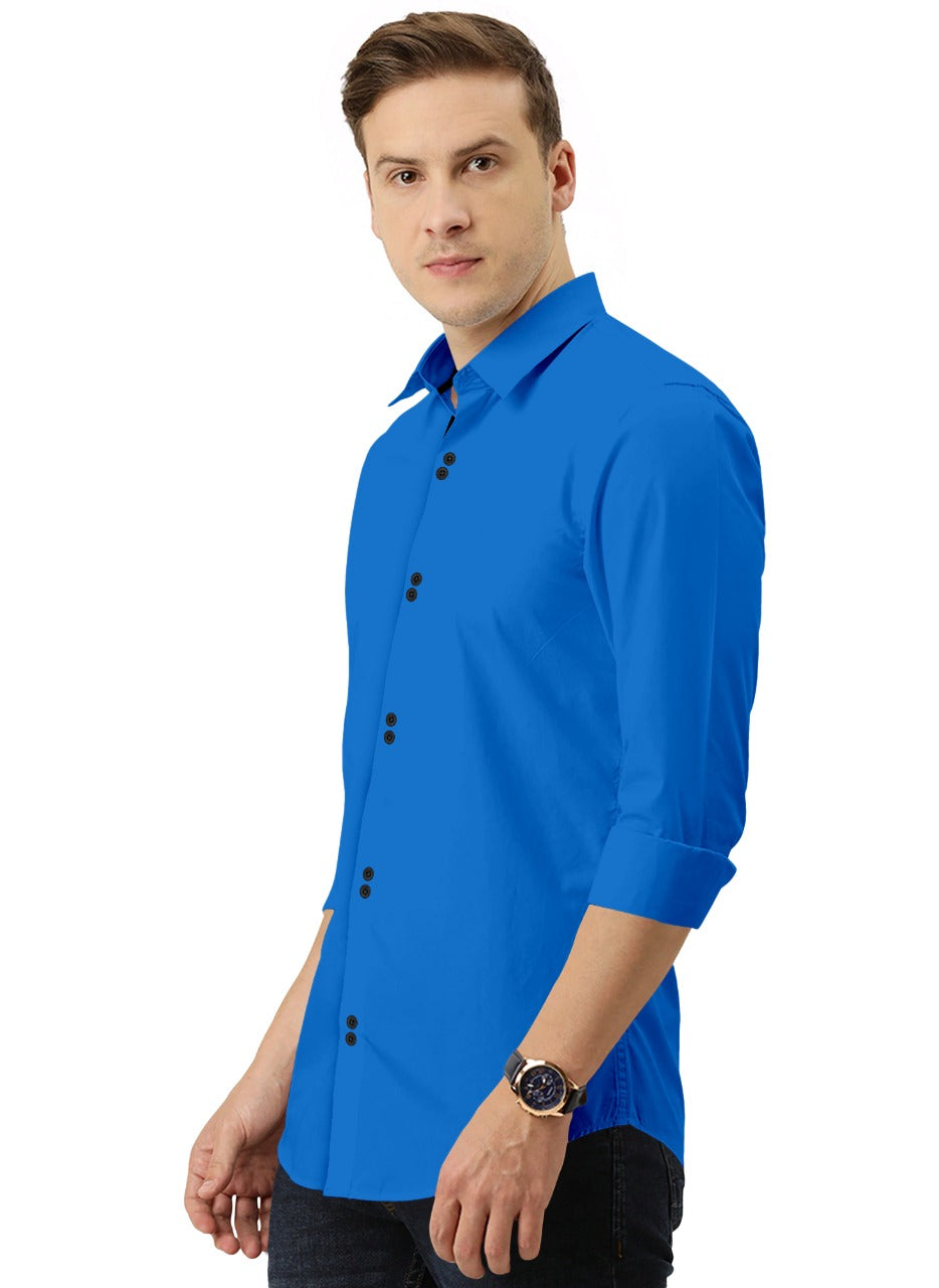 Men's Solid Slim Fit Cotton Double Button Dark Blue Shirt