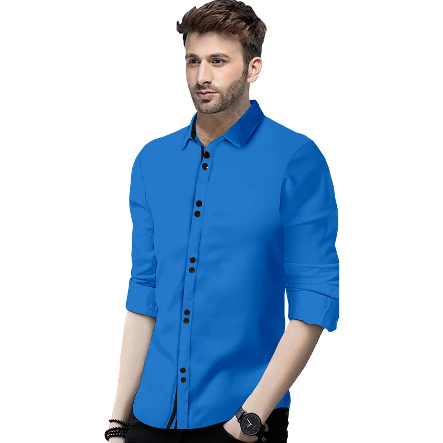 Men's Solid Slim Fit Cotton Double Button Dark Blue Shirt