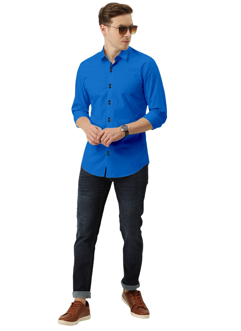 Men's Solid Slim Fit Cotton Double Button Dark Blue Shirt