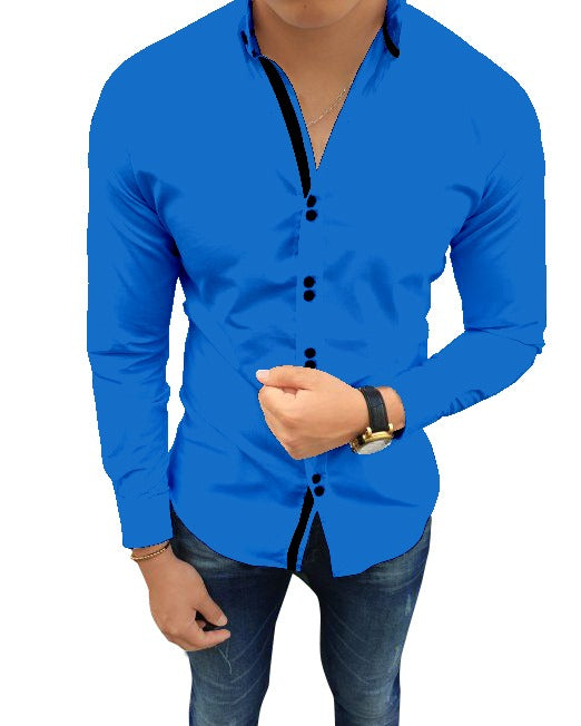 Men's Solid Slim Fit Cotton Double Button Dark Blue Shirt
