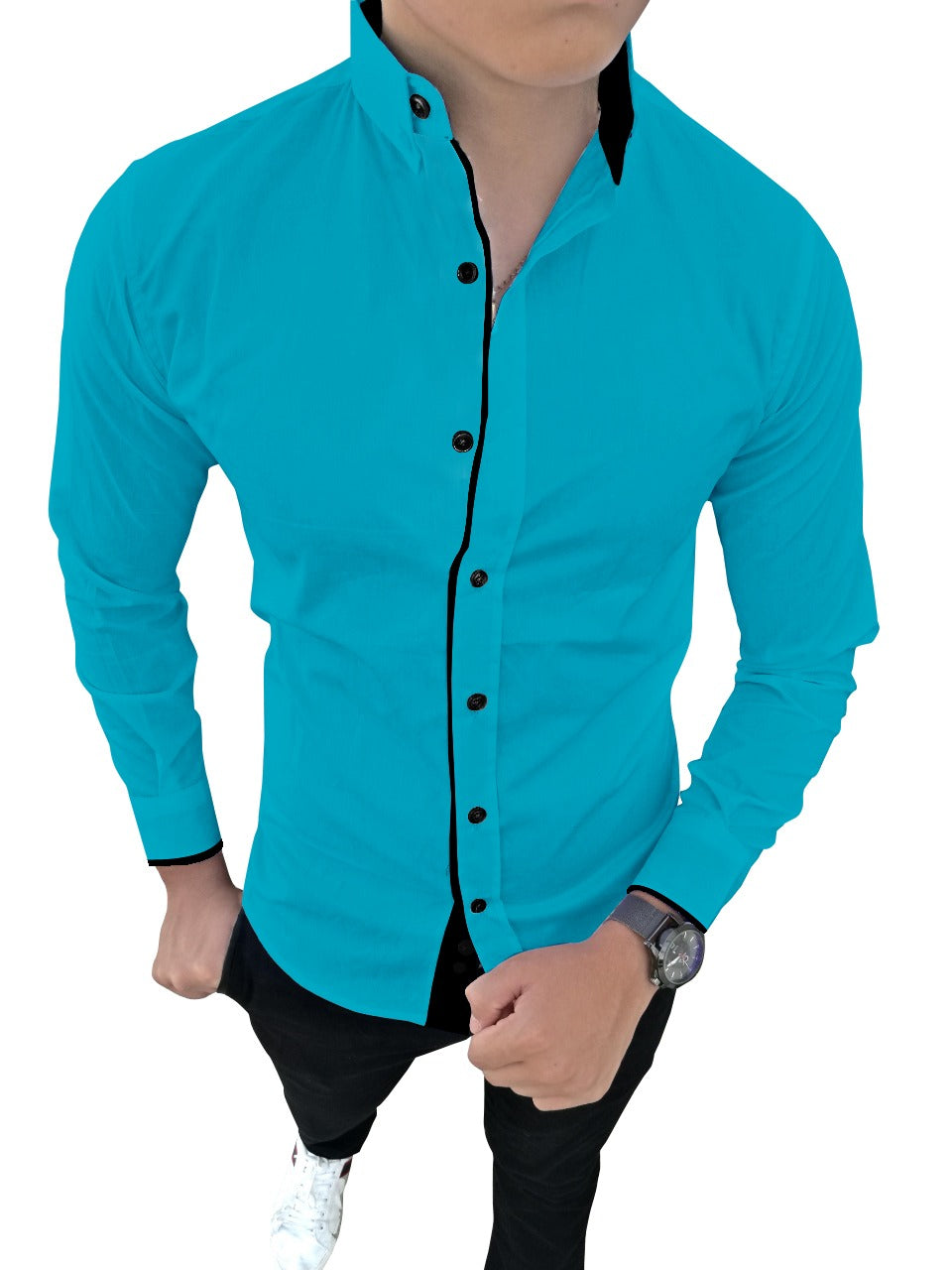 Men's Liner Design Slim Fit Dark Blue Cotton Shirt