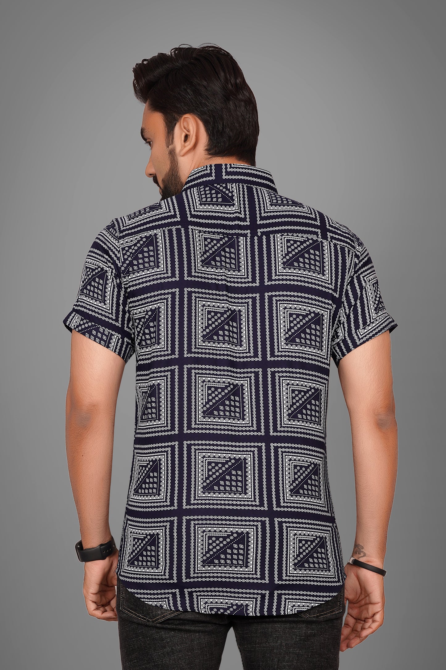 SUR-T Men's Regular Fit Printed Spread Collar Casual Navy Shirt