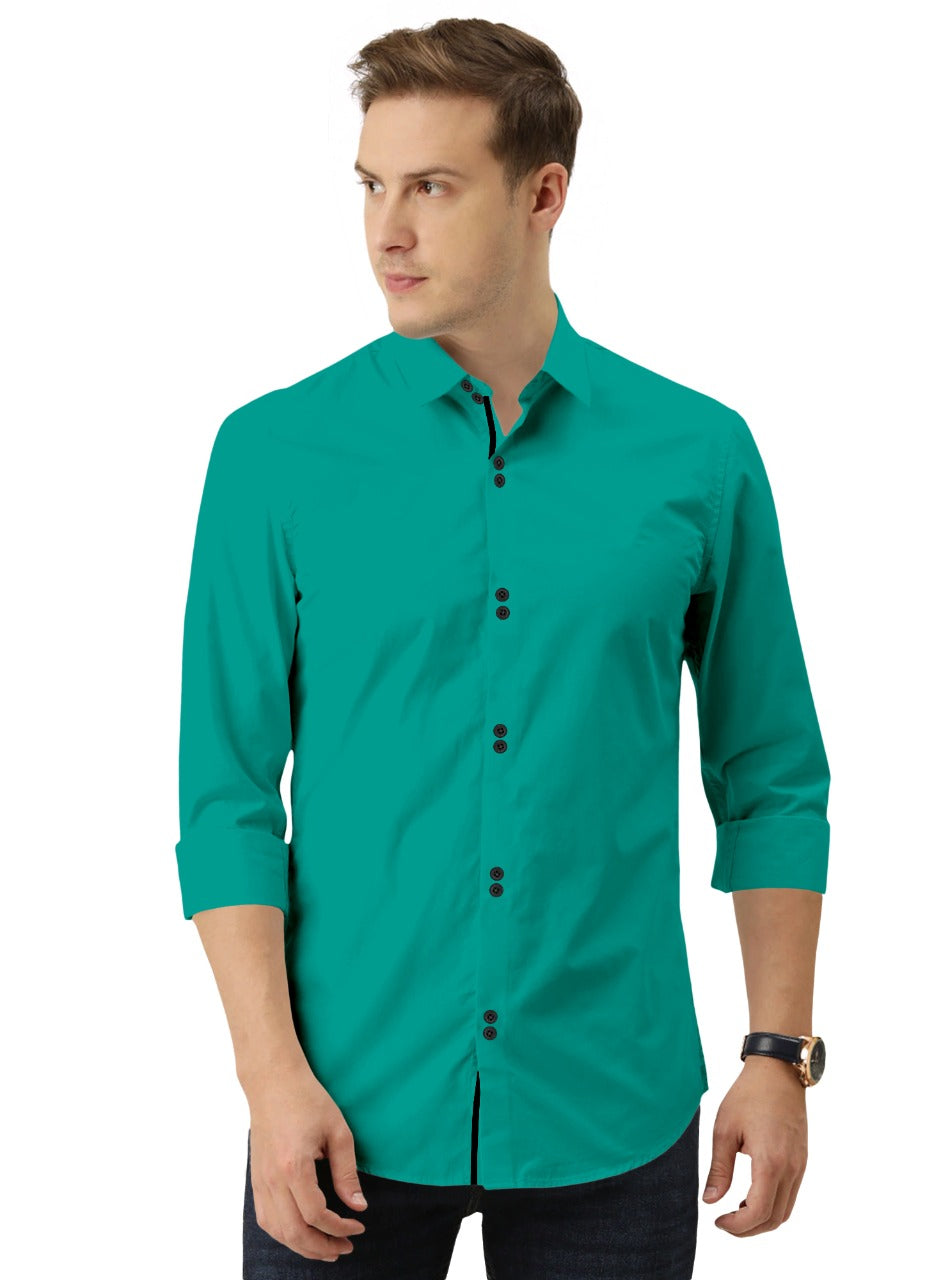 Men's Solid Slim Fit Cotton Double Button Dark Green Shirt