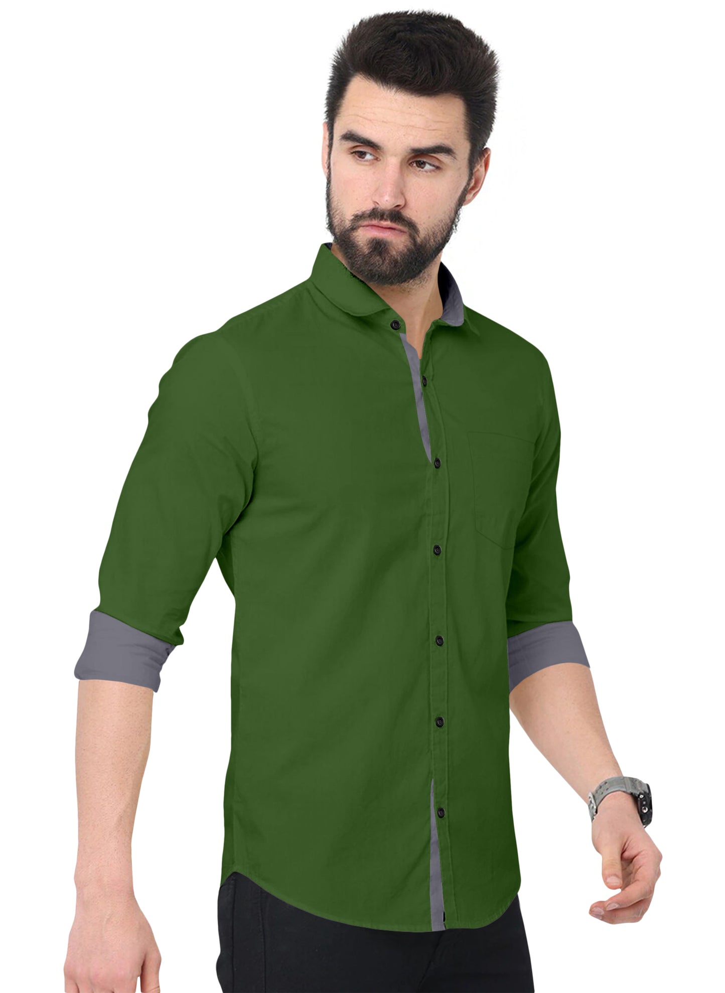 Men's Solid Plain Design Slim Fit Dark Green Cotton Shirt