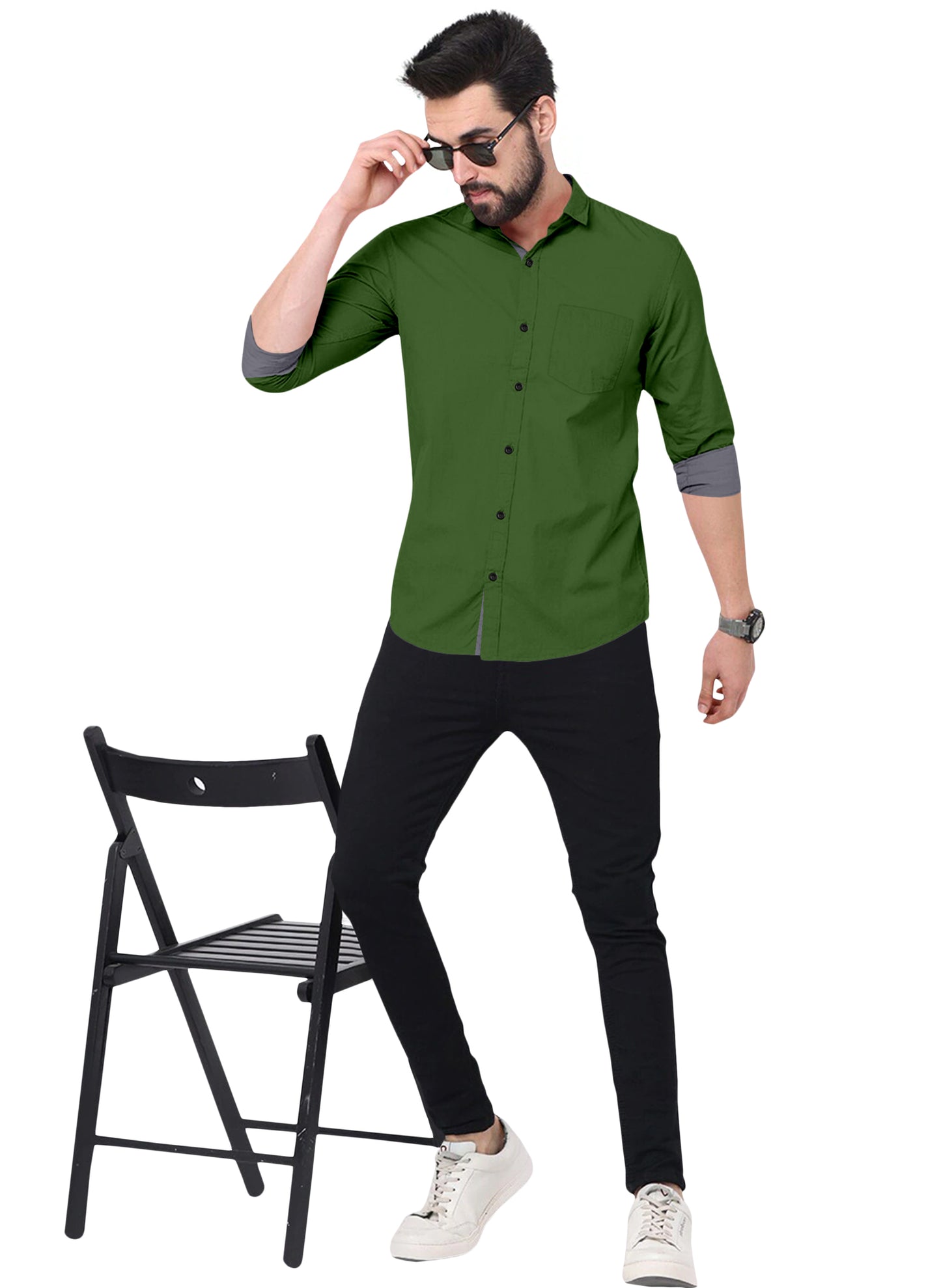 Men's Solid Plain Design Slim Fit Dark Green Cotton Shirt