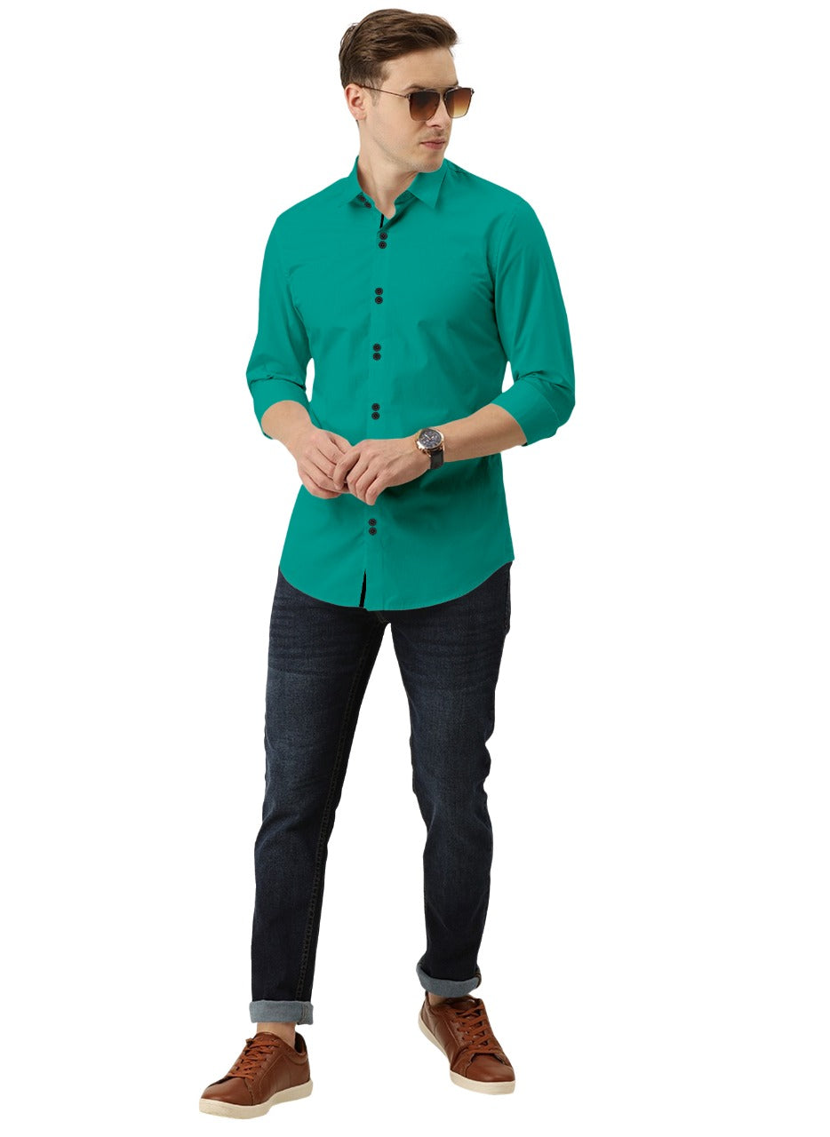 Men's Solid Slim Fit Cotton Double Button Dark Green Shirt