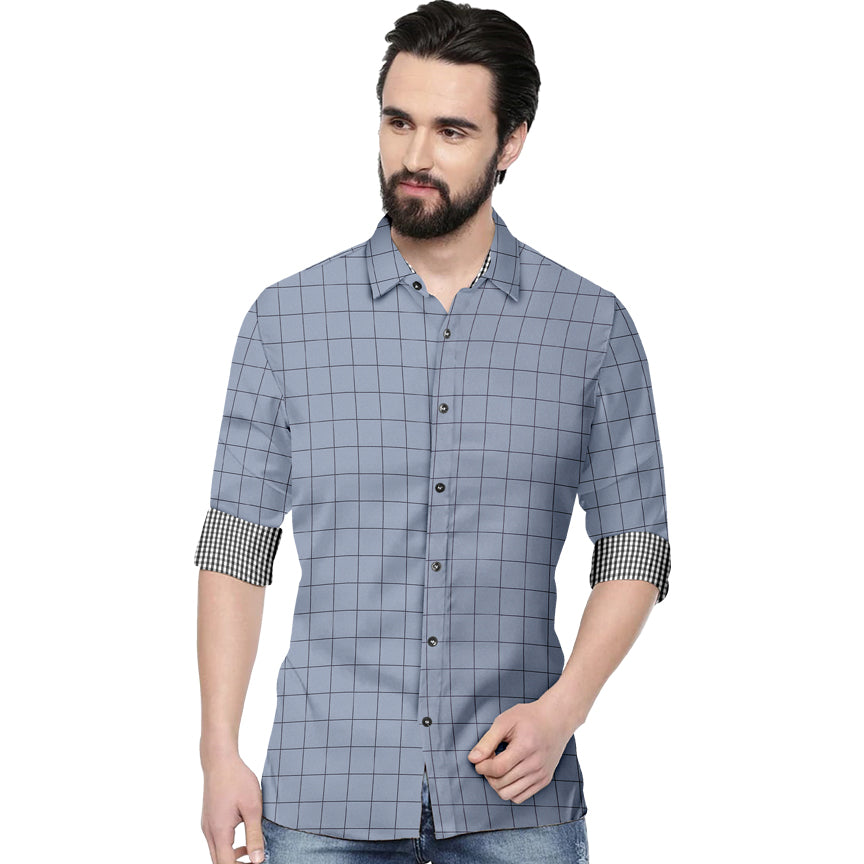 Men's 7 Checkers Slim Fit Grey Cotton Shirt