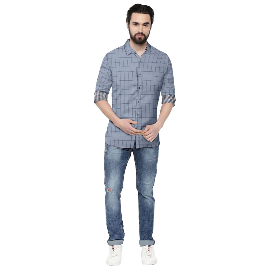 Men's 7 Checkers Slim Fit Grey Cotton Shirt