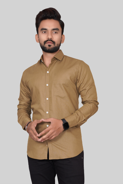 Men's Regular Fit Solid Spread Collar Casual Khaki Shirt