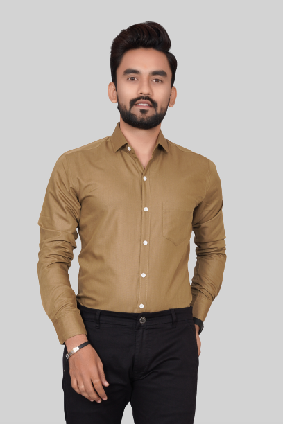 Men's Regular Fit Solid Spread Collar Casual Khaki Shirt