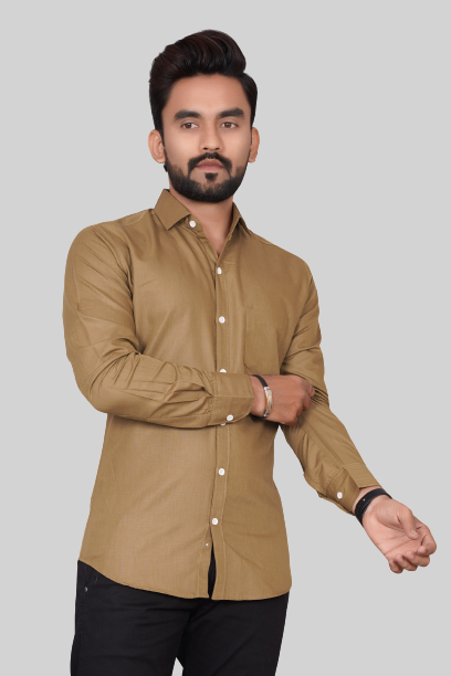 Men's Regular Fit Solid Spread Collar Casual Khaki Shirt