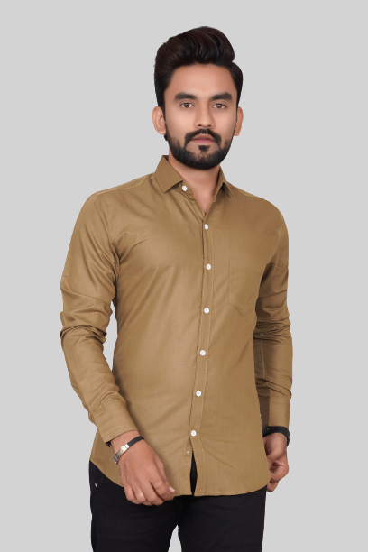 Men's Regular Fit Solid Spread Collar Casual Khaki Shirt