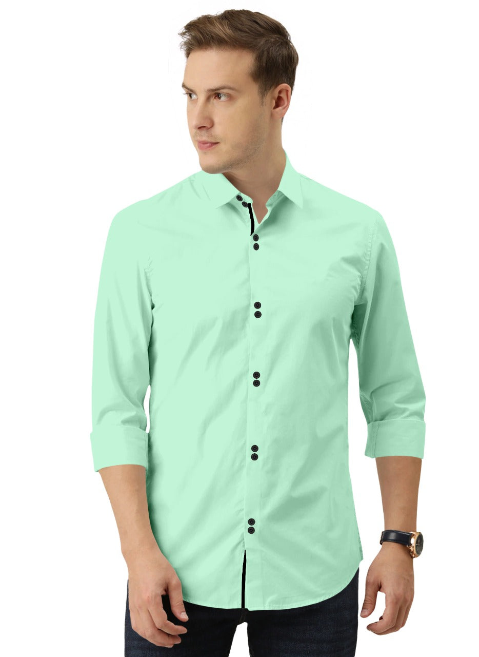 Men's Solid Slim Fit Cotton Double Button Light Green Shirt