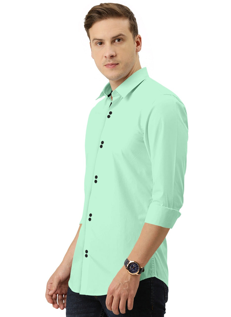 Men's Solid Slim Fit Cotton Double Button Light Green Shirt