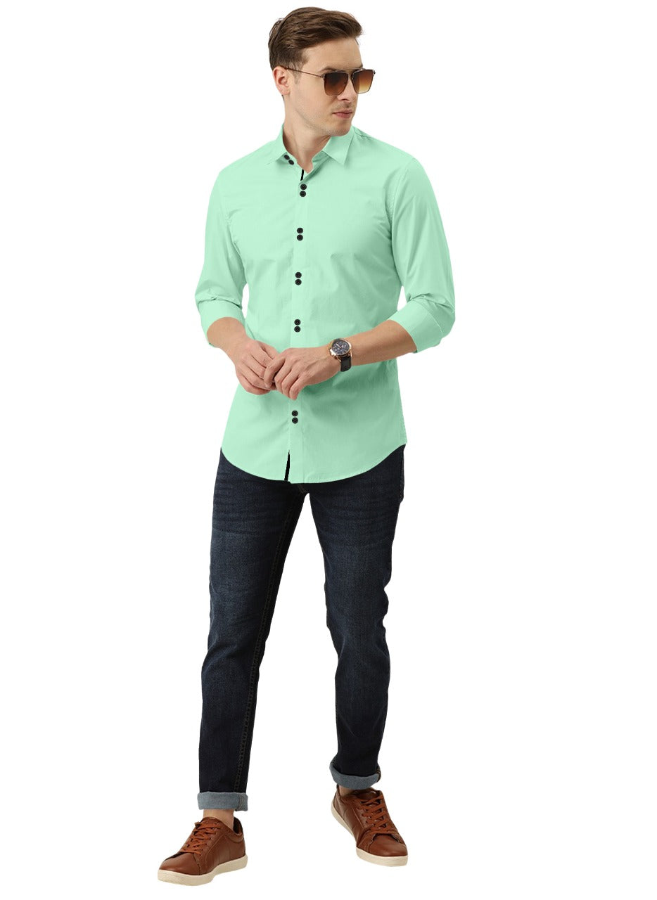 Men's Solid Slim Fit Cotton Double Button Light Green Shirt
