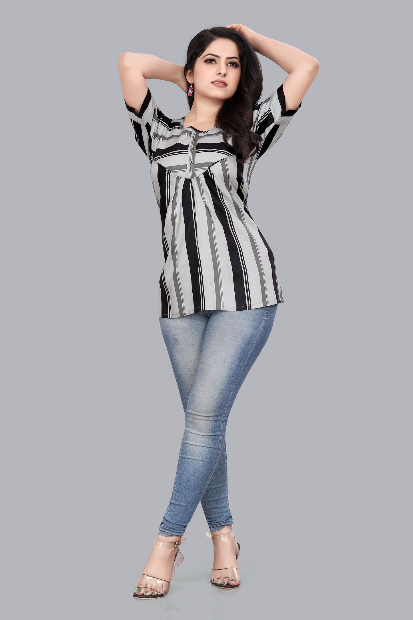 SUR-T Casual Regular Sleeves Striped Women Light Grey Top