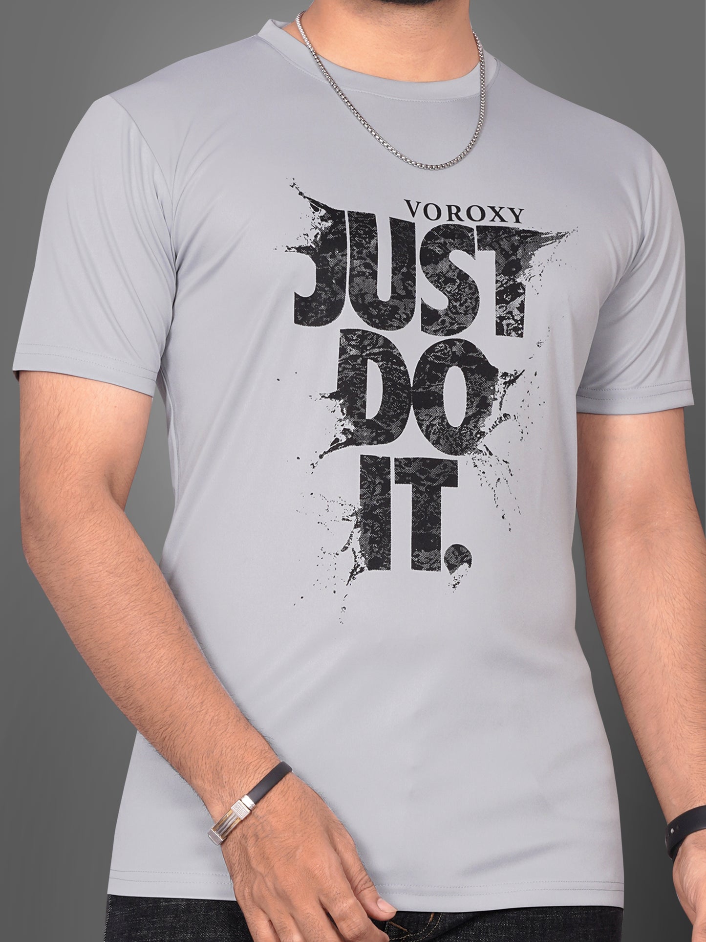 SUR-T Men Printed, Typography Round Neck Polyester Silver T-Shirt