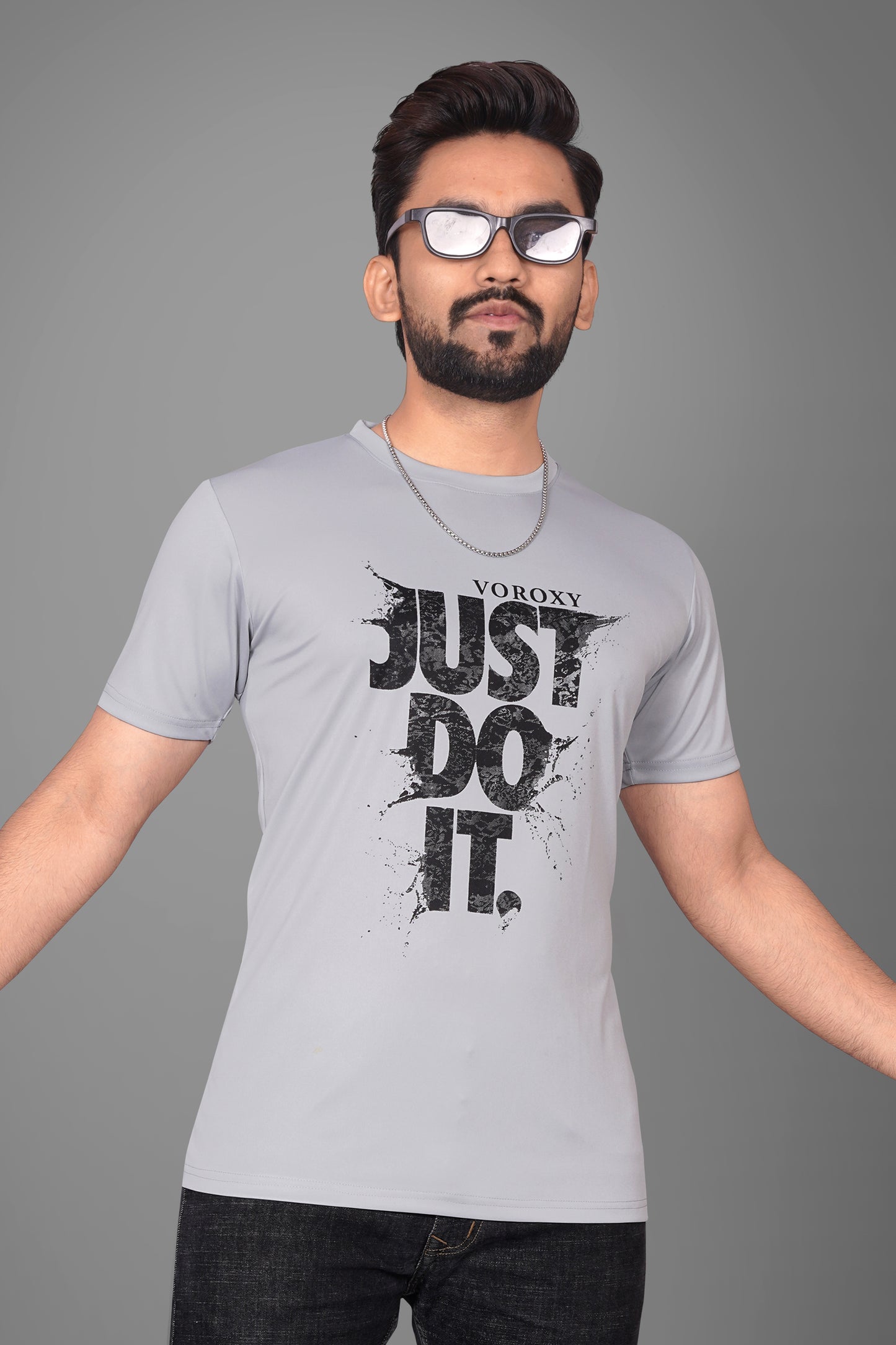 SUR-T Men Printed, Typography Round Neck Polyester Silver T-Shirt