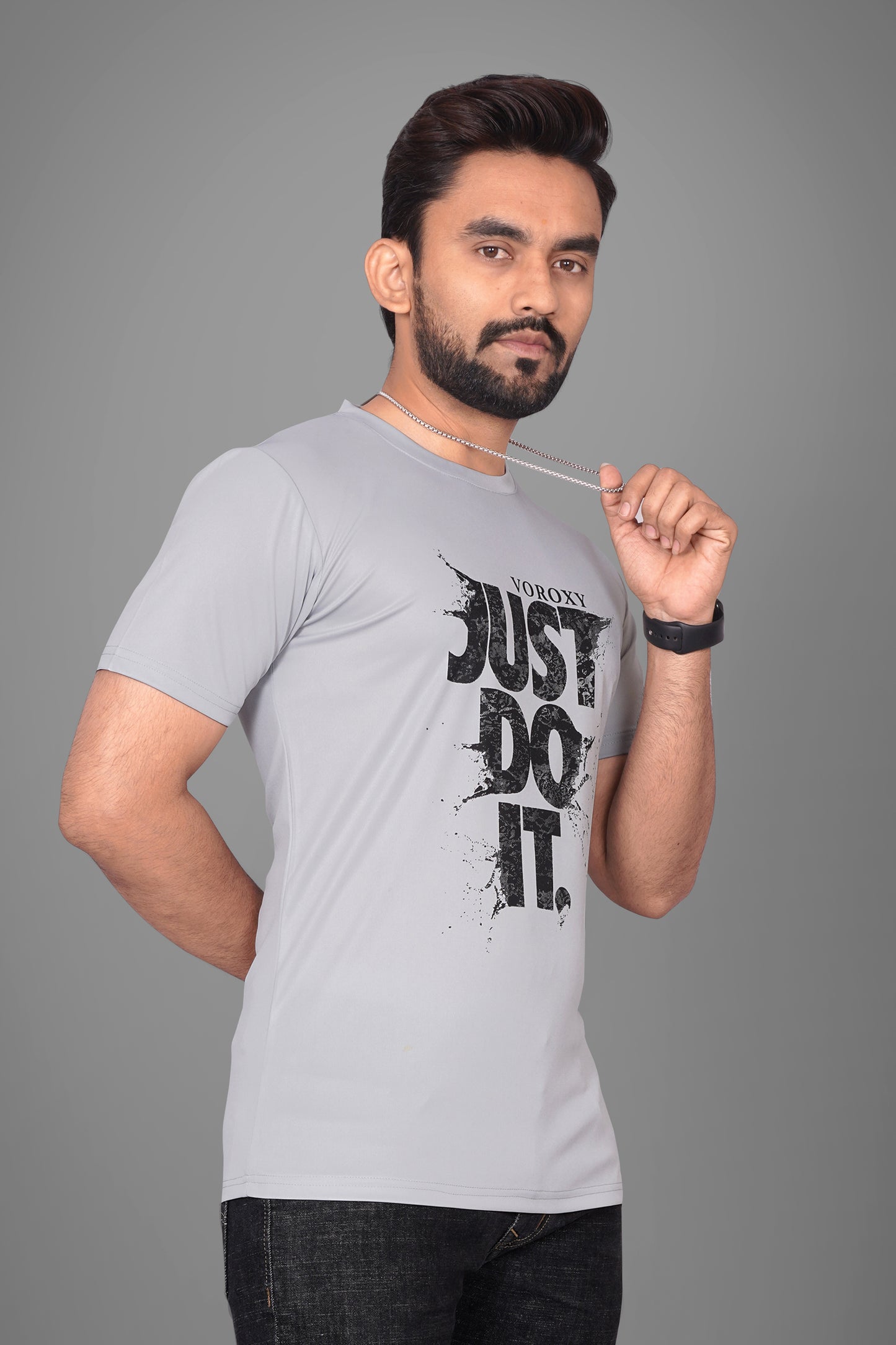 SUR-T Men Printed, Typography Round Neck Polyester Silver T-Shirt