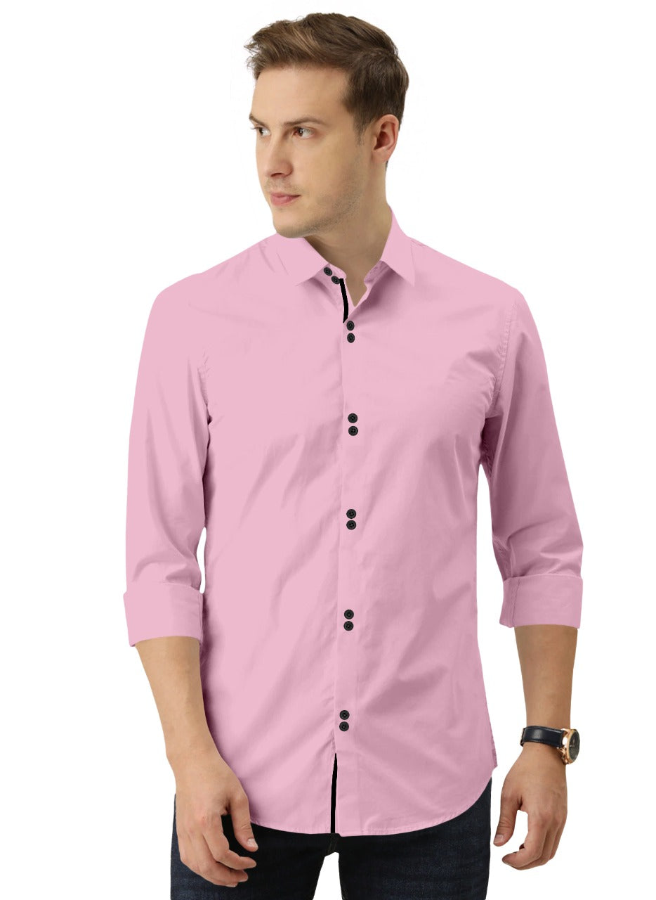 Men's Solid Slim Fit Cotton Double Button Light Pink Shirt