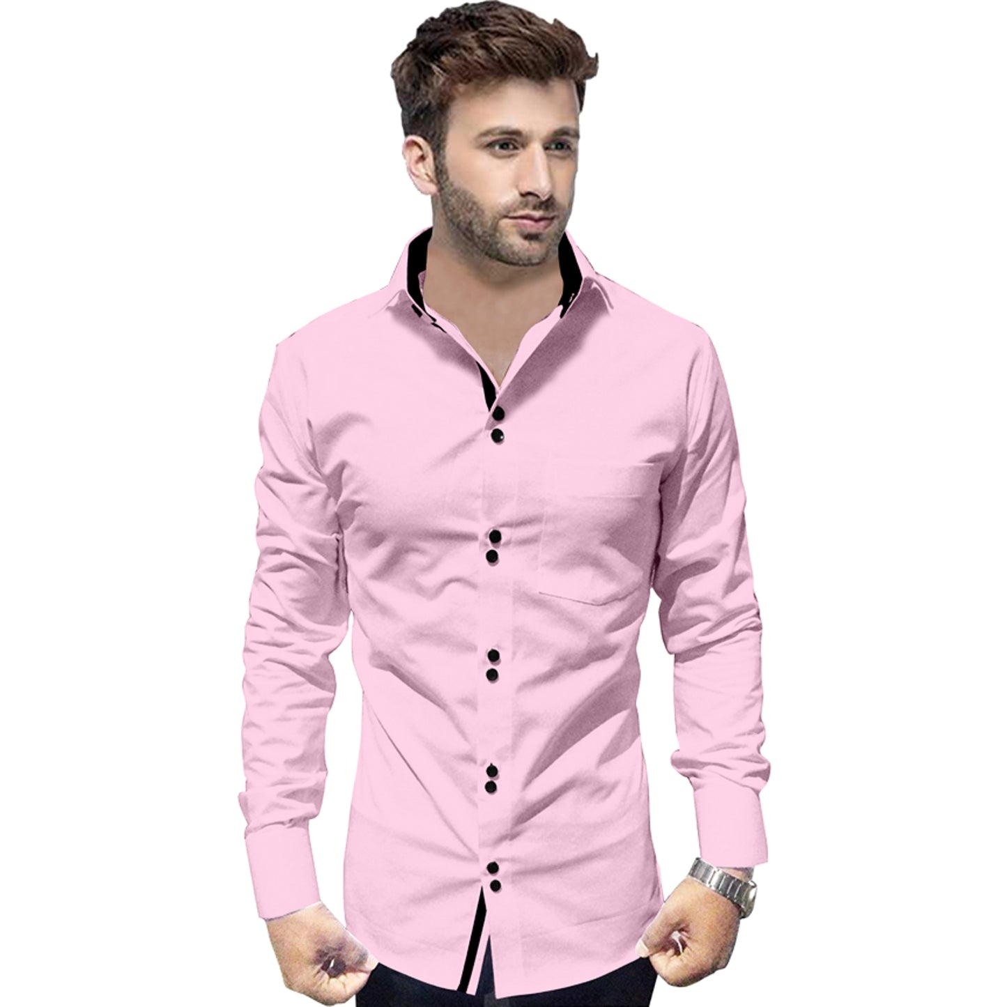 Men's Solid Slim Fit Cotton Double Button Light Pink Shirt