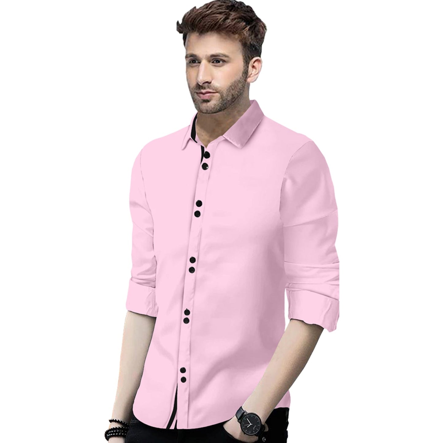 Men's Solid Slim Fit Cotton Double Button Light Pink Shirt