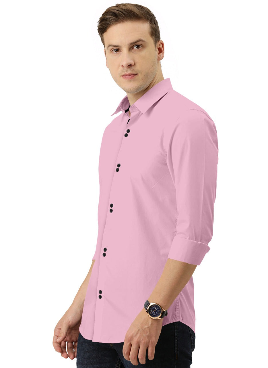 Men's Solid Slim Fit Cotton Double Button Light Pink Shirt