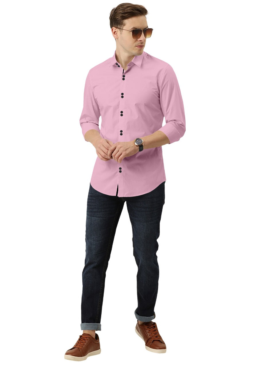 Men's Solid Slim Fit Cotton Double Button Light Pink Shirt