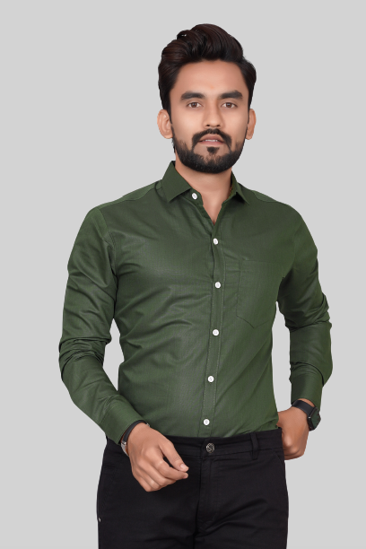 Men's Regular Fit Solid Spread Collar Casual Mehndi Green Shirt