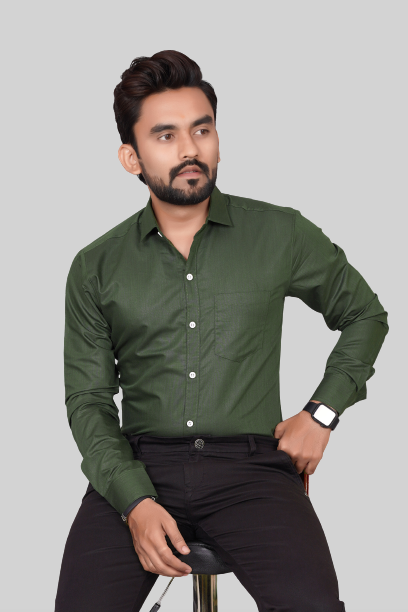 Men's Regular Fit Solid Spread Collar Casual Mehndi Green Shirt