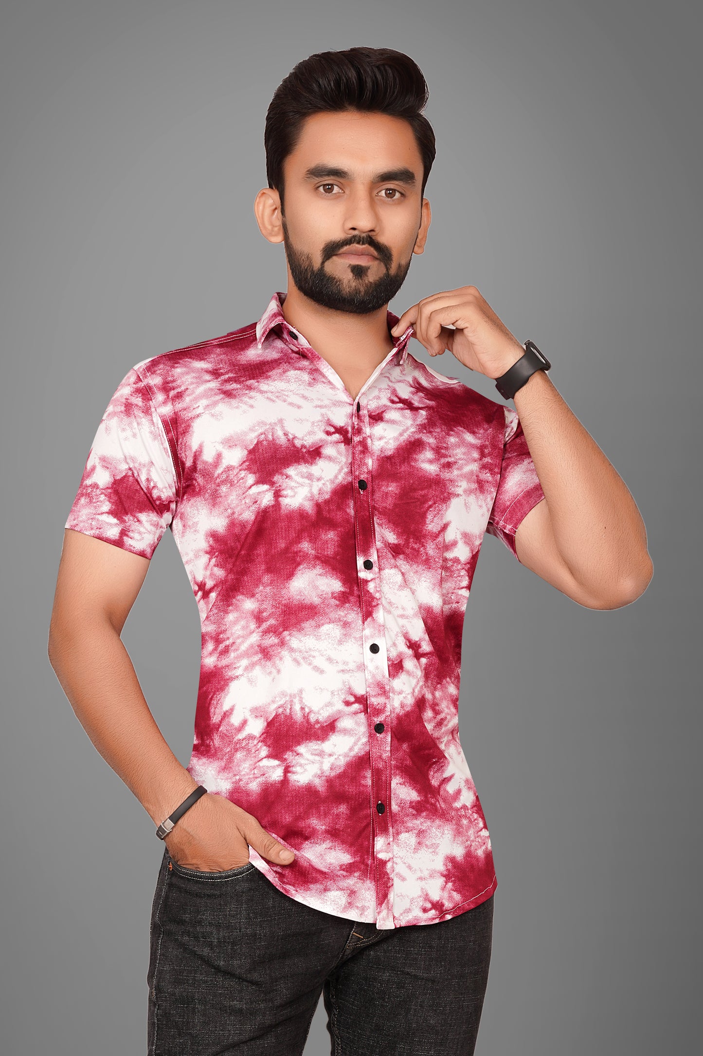 SUR-T Men Regular Fit Dyed/Ombre Spread Collar Casual Maroon Shirt